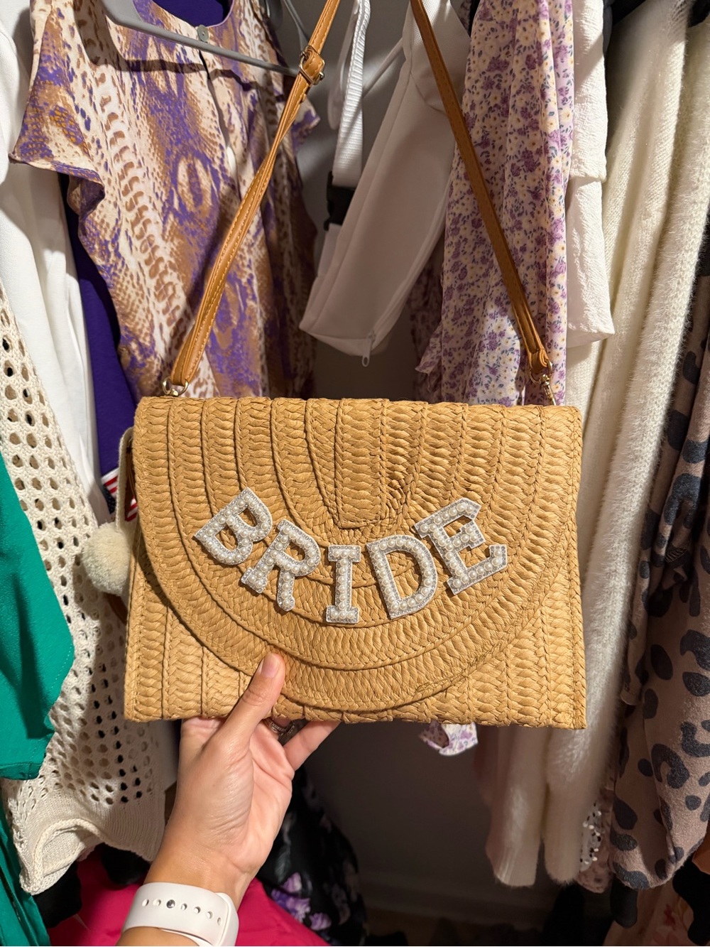 Bride Embellished Straw Crossbody Bag - Tan